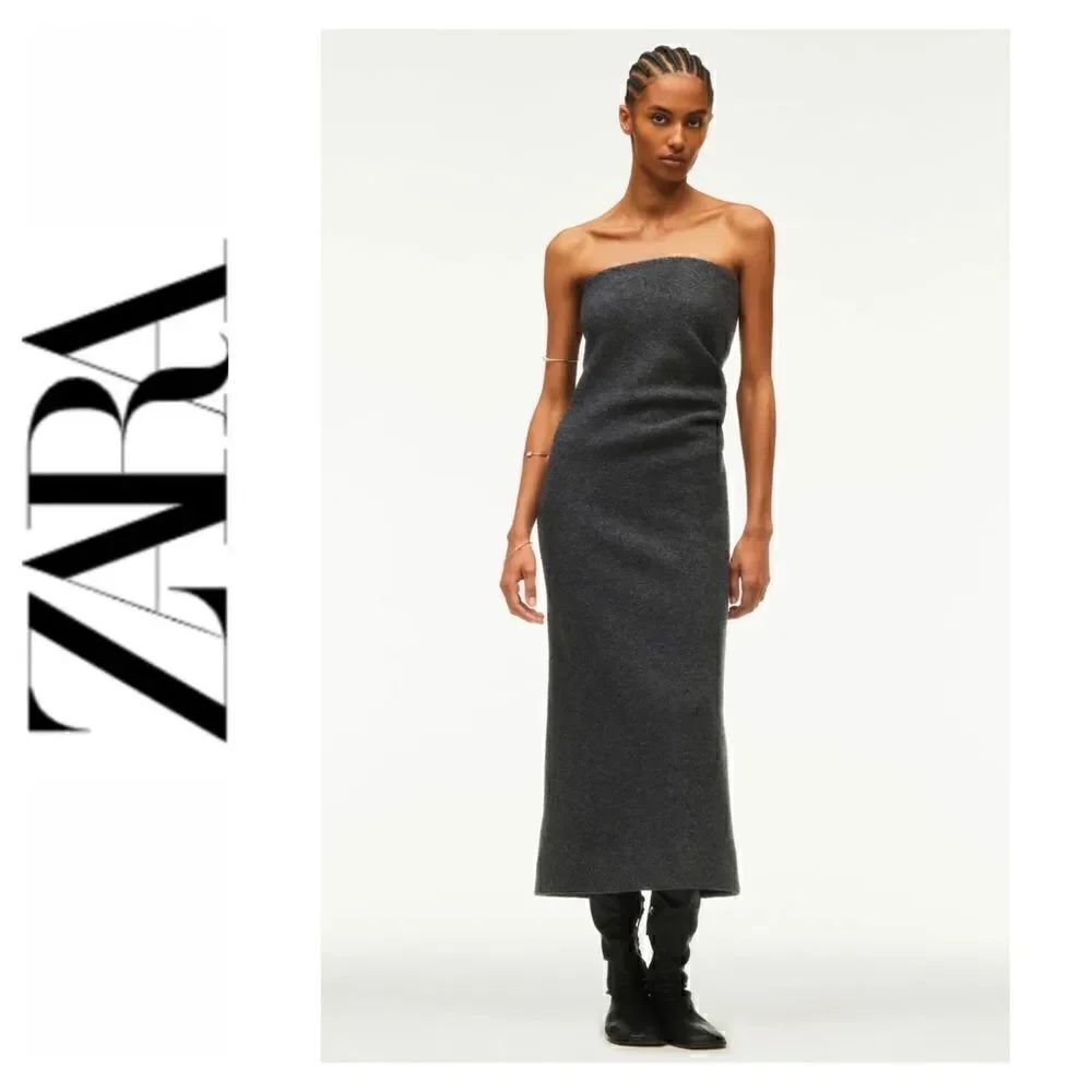 NWT Zara Limited Edition Fall/Winter 2022 Collection Strapless Gray Wool Dress